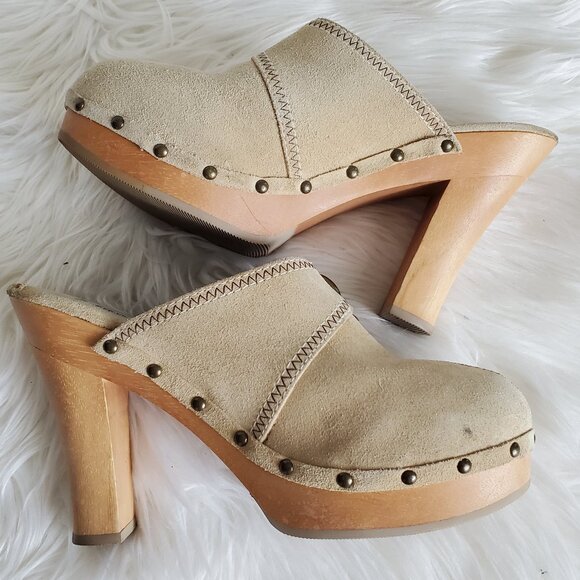 Steve Madden Faris Suede Studded Clogs Mules Wooden Heels SZ 8 - Picture 1 of 13